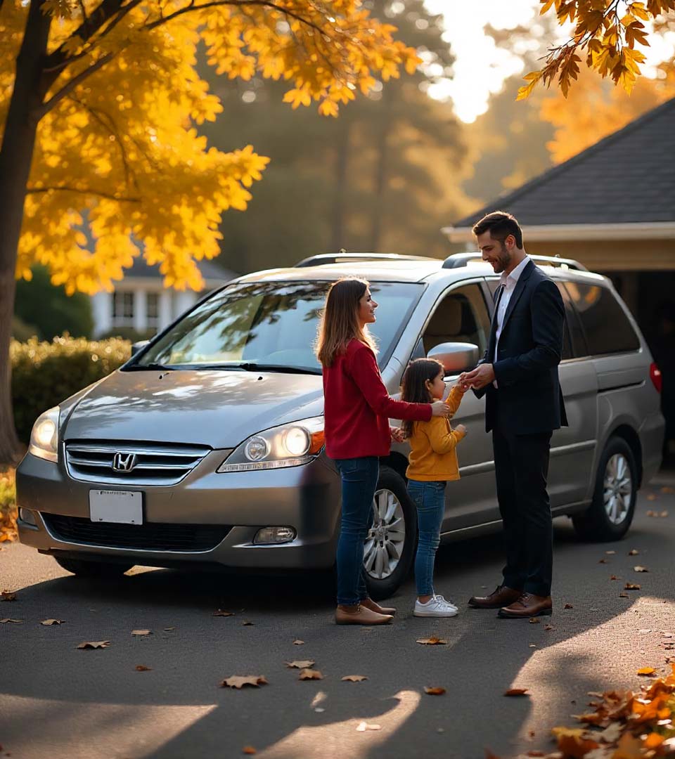 Eine Familie übergibt ein Auto an einen Händler beim Autoankauf Stuttgart vor dem Haus